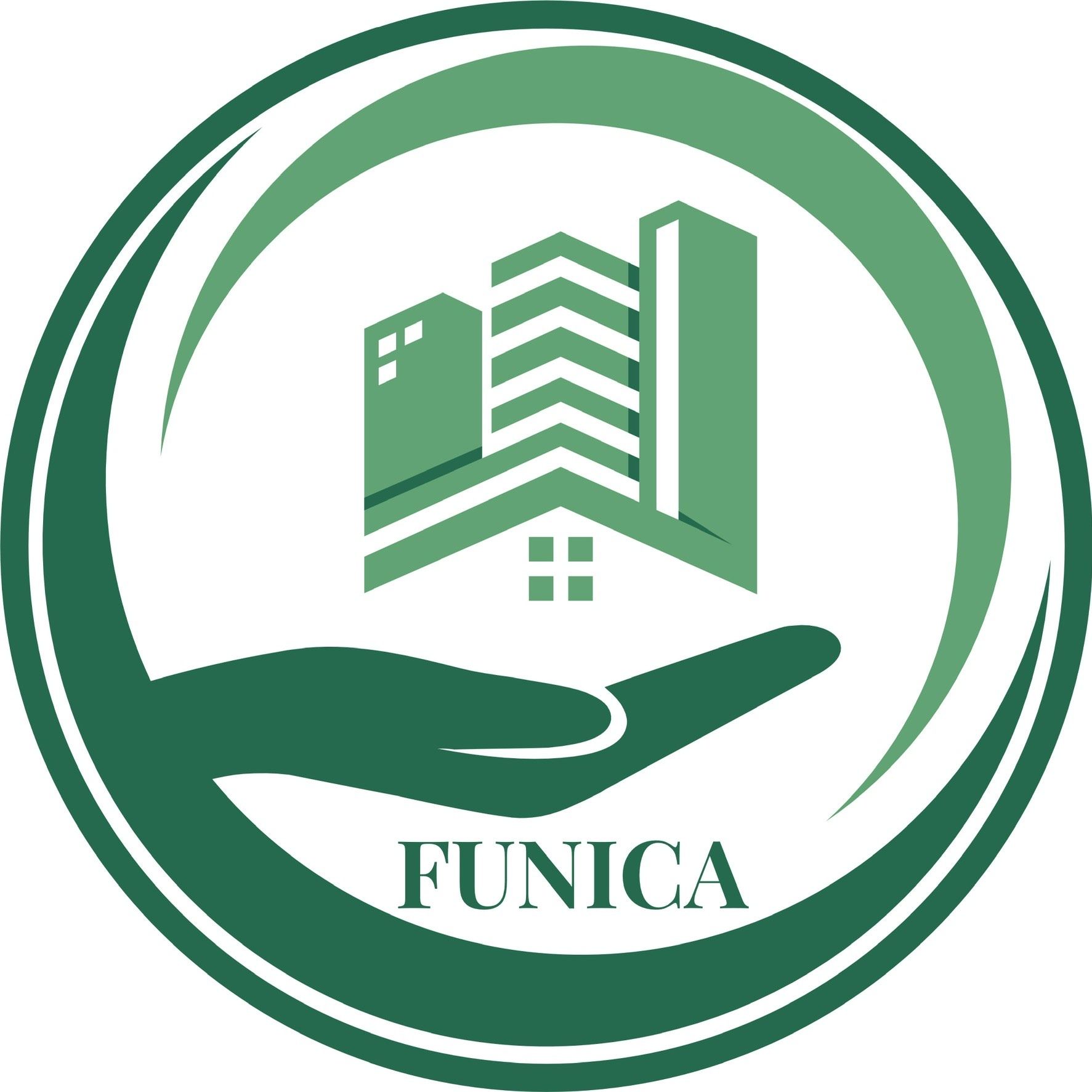 Green logo: stylized buildings in a hand, within a circle, text