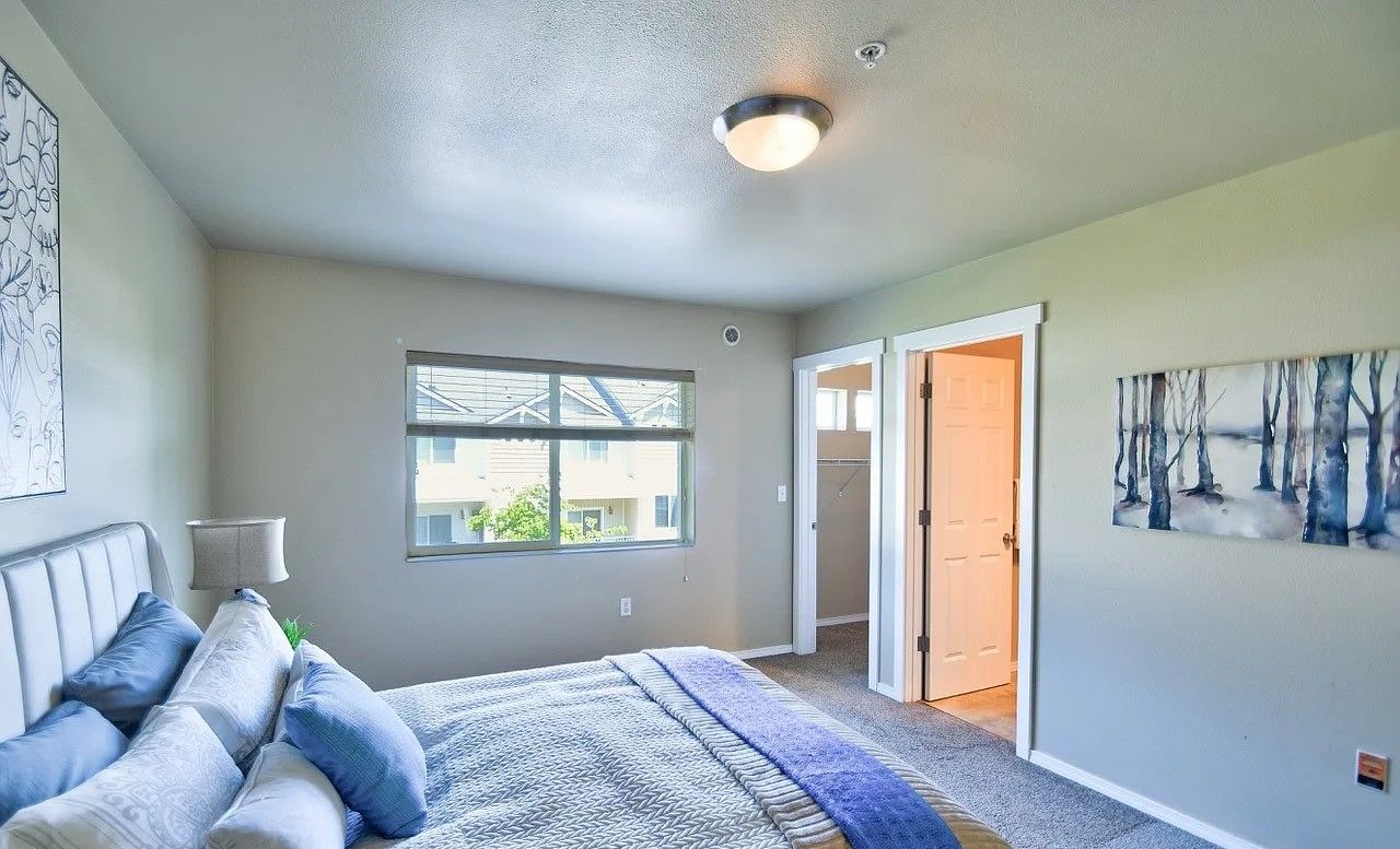 Bedroom with bed, window, open door to closet, and artwork.
