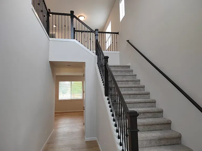 Interior view of a house staircase with carpeted steps, dark railing, and light gray walls.